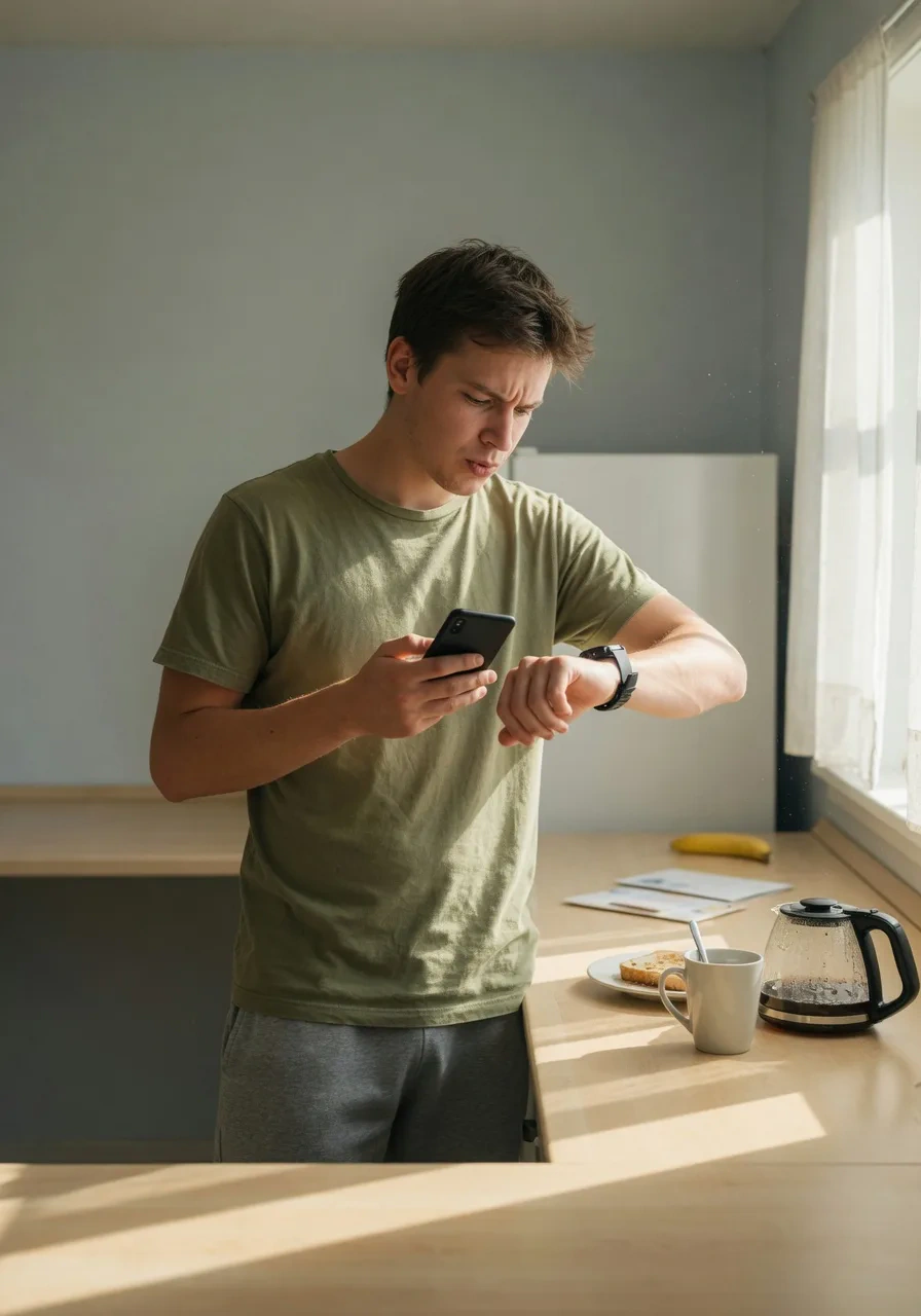 A young man in a kitchen glances at his watch while holding his phone, looking impatient about how long an app is taking to set up.